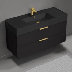 48 inch Floating Bathroom Vanity With Black Sink - Modern, Matte Black, Gold Handles
